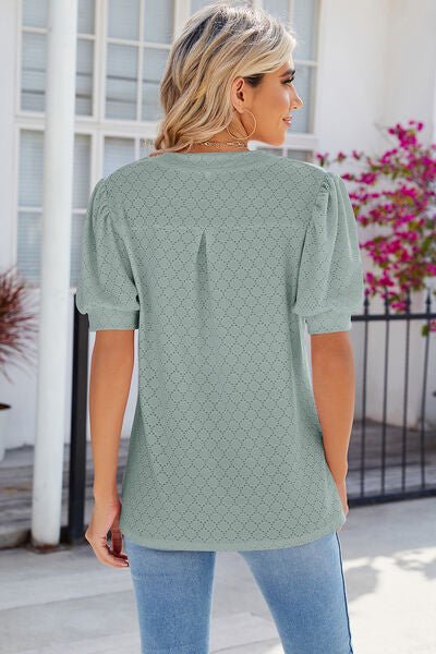 Eyelet Notched Puff Sleeve T-Shirt - Loulou Boutique
