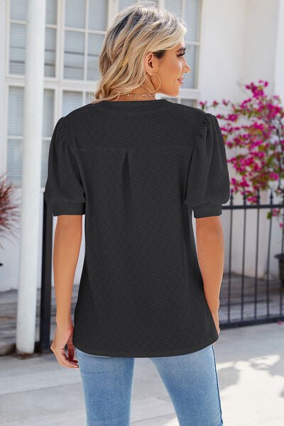 Eyelet Notched Puff Sleeve T-Shirt - Loulou Boutique