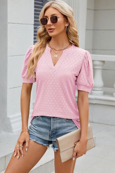 Eyelet Notched Puff Sleeve T-Shirt - Loulou Boutique