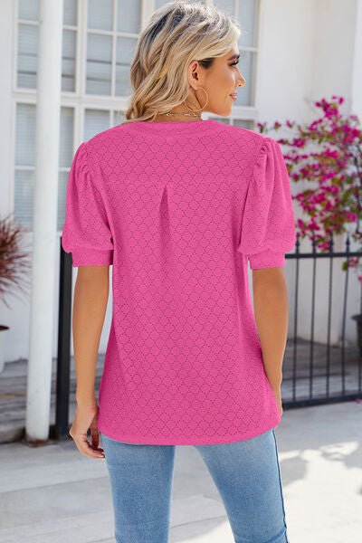 Eyelet Notched Puff Sleeve T-Shirt - Loulou Boutique