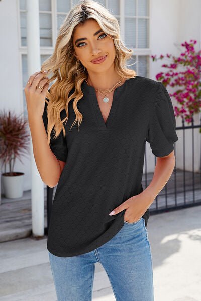 Eyelet Notched Puff Sleeve T-Shirt - Loulou Boutique