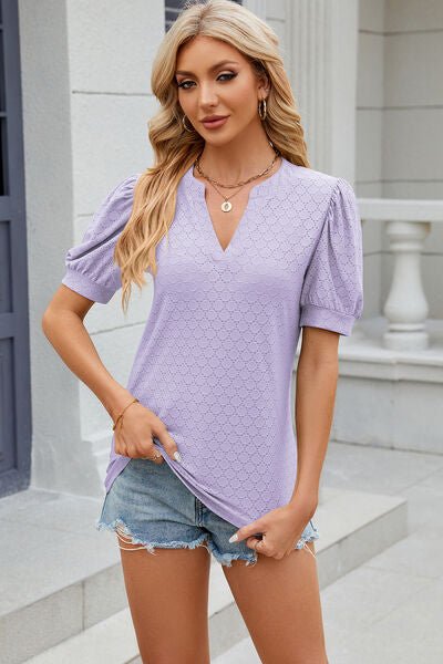 Eyelet Notched Puff Sleeve T-Shirt - Loulou Boutique
