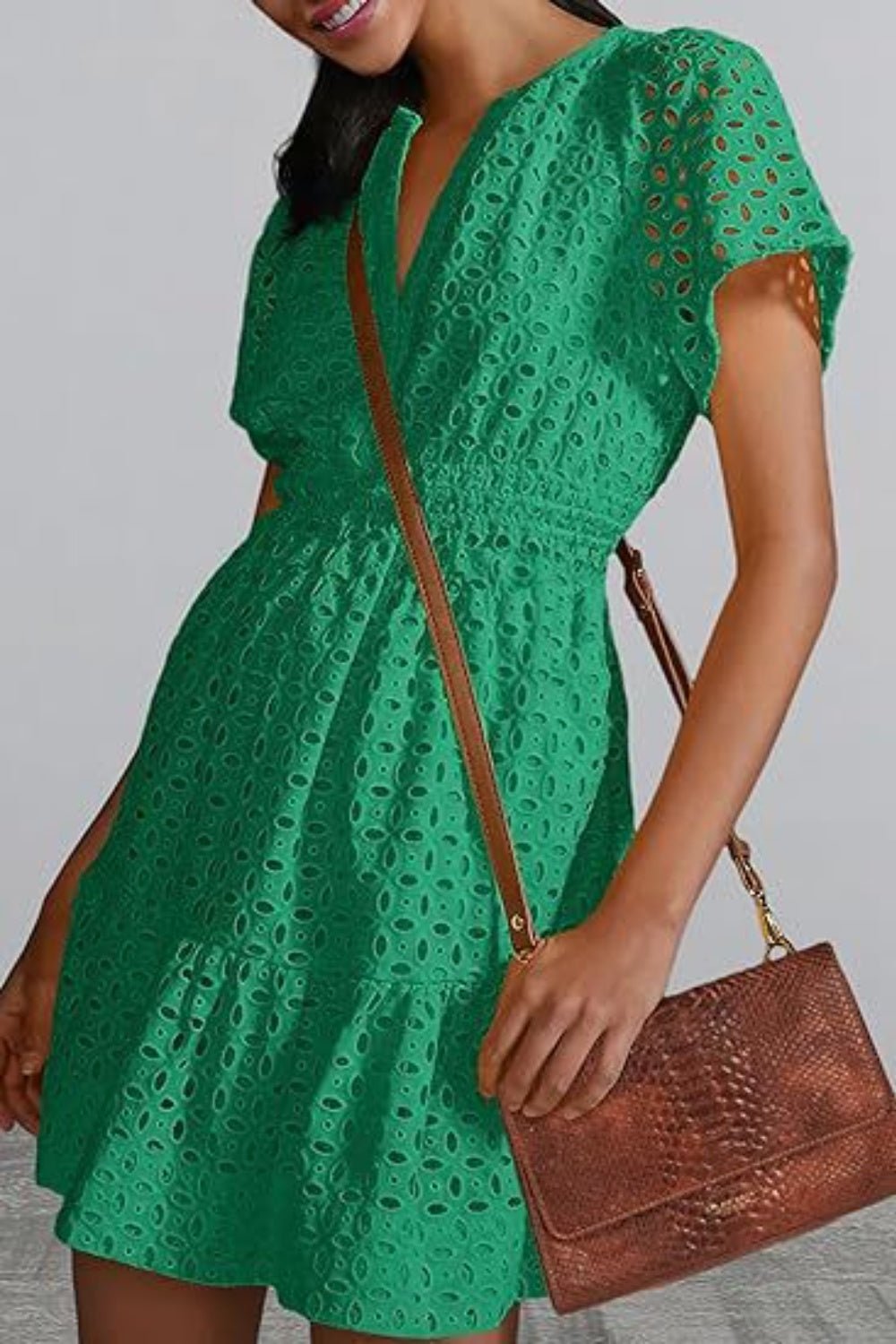 Eyelet Notched Short Sleeve Mini Dress - Loulou Boutique