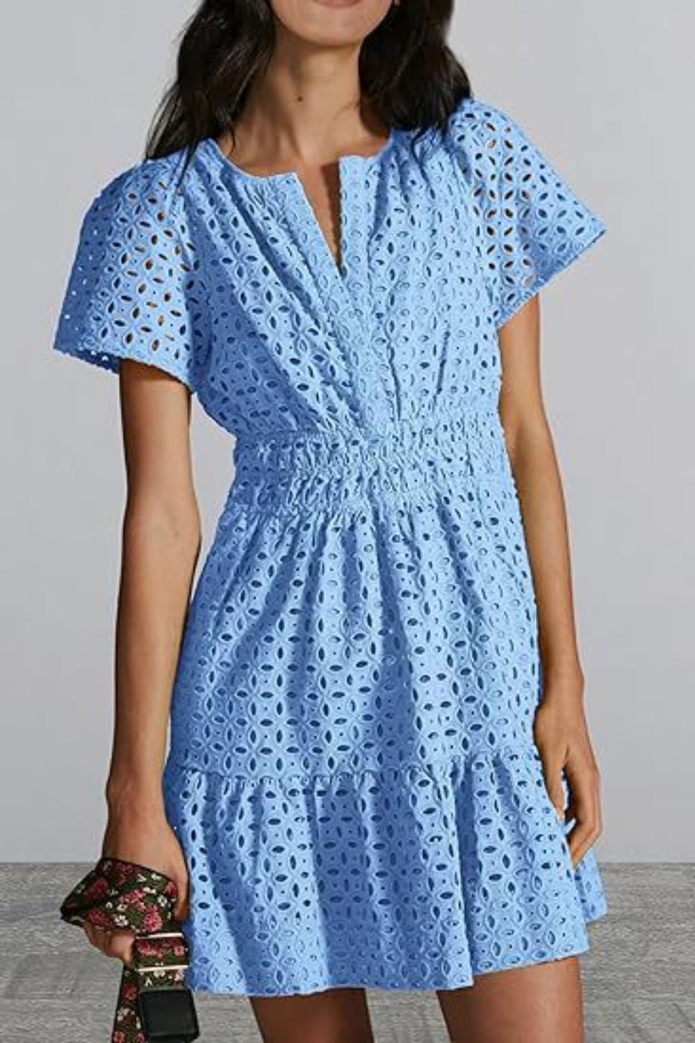 Eyelet Notched Short Sleeve Mini Dress - Loulou Boutique