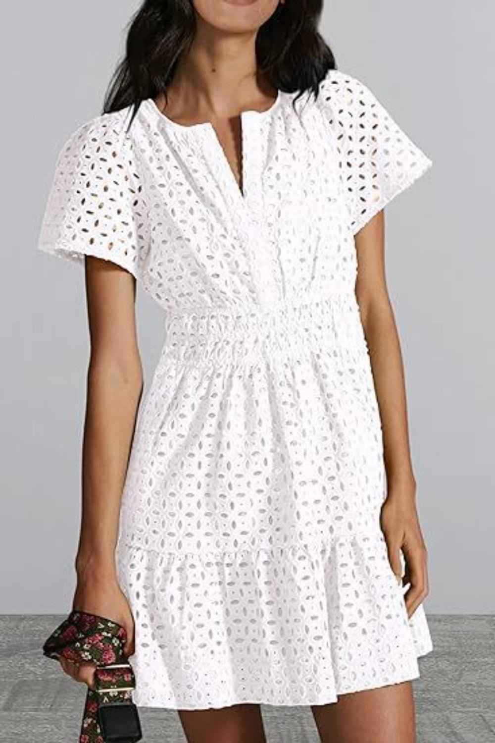 Eyelet Notched Short Sleeve Mini Dress - Loulou Boutique