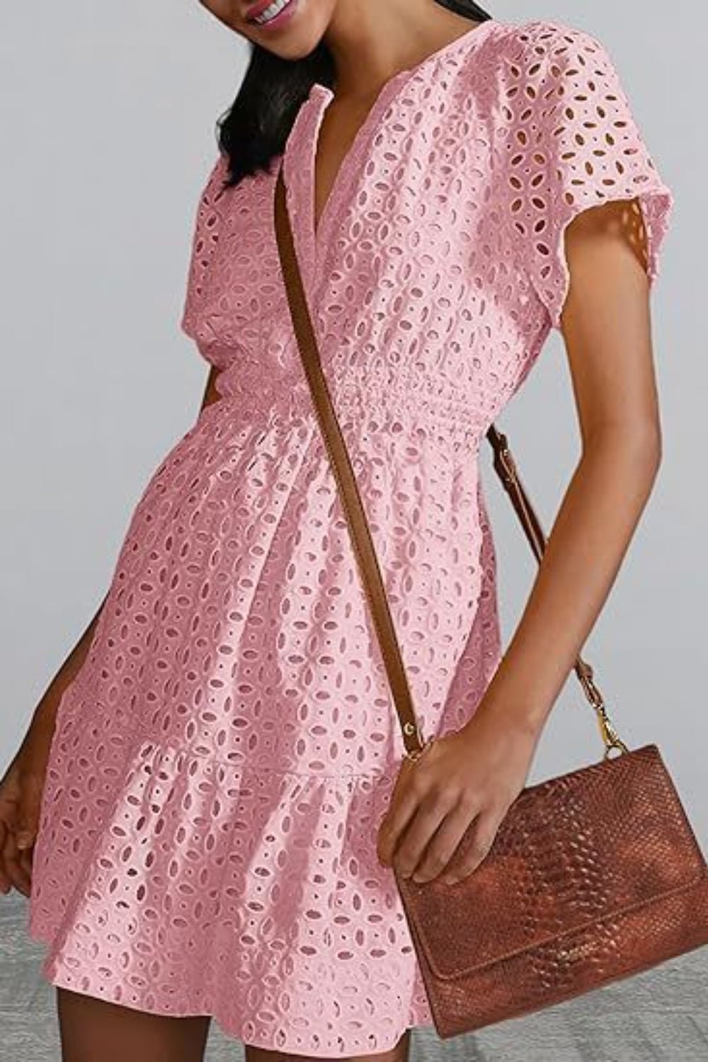 Eyelet Notched Short Sleeve Mini Dress - Loulou Boutique