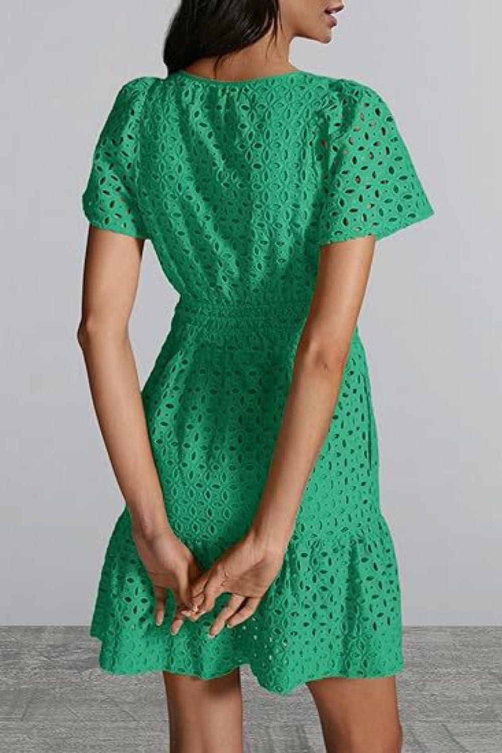 Eyelet Notched Short Sleeve Mini Dress - Loulou Boutique
