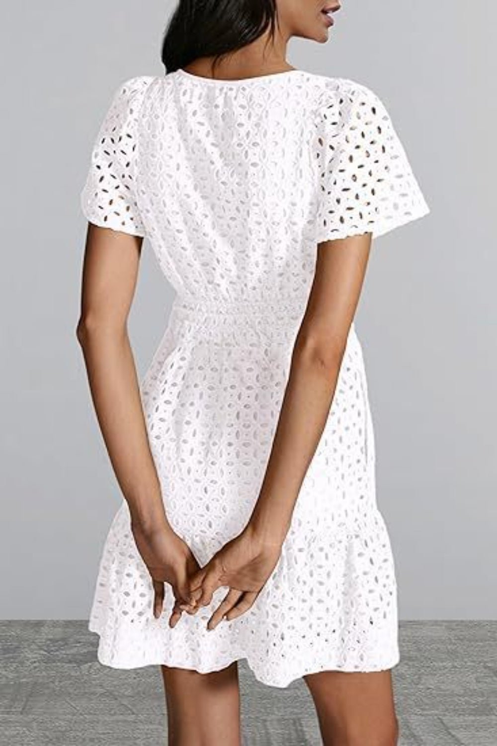 Eyelet Notched Short Sleeve Mini Dress - Loulou Boutique