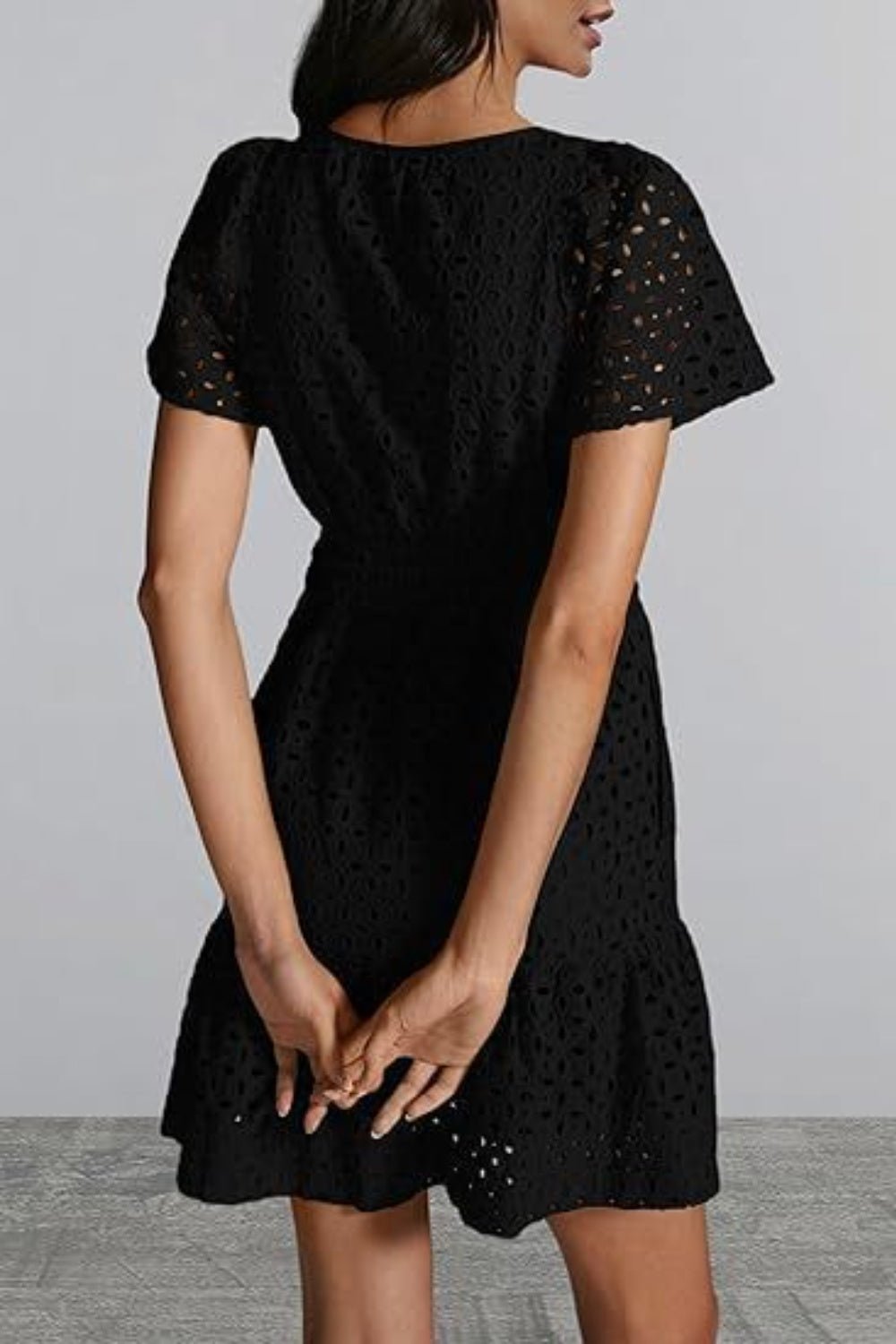 Eyelet Notched Short Sleeve Mini Dress - Loulou Boutique