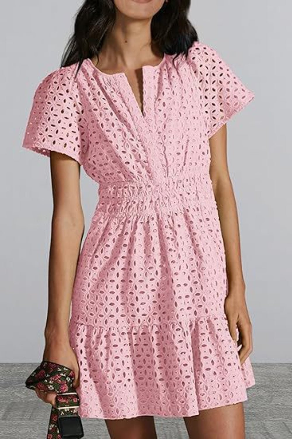 Eyelet Notched Short Sleeve Mini Dress - Loulou Boutique
