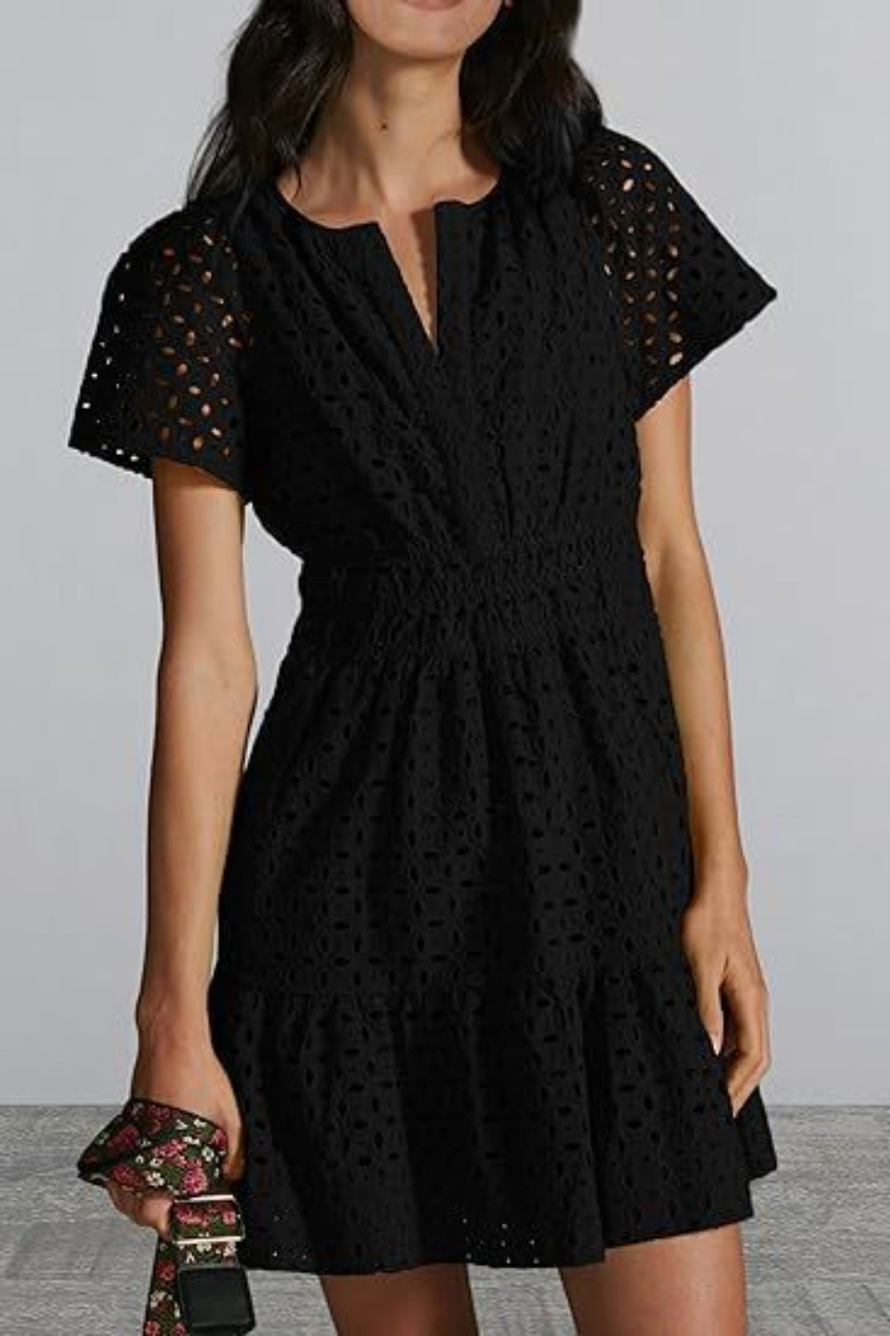 Eyelet Notched Short Sleeve Mini Dress - Loulou Boutique