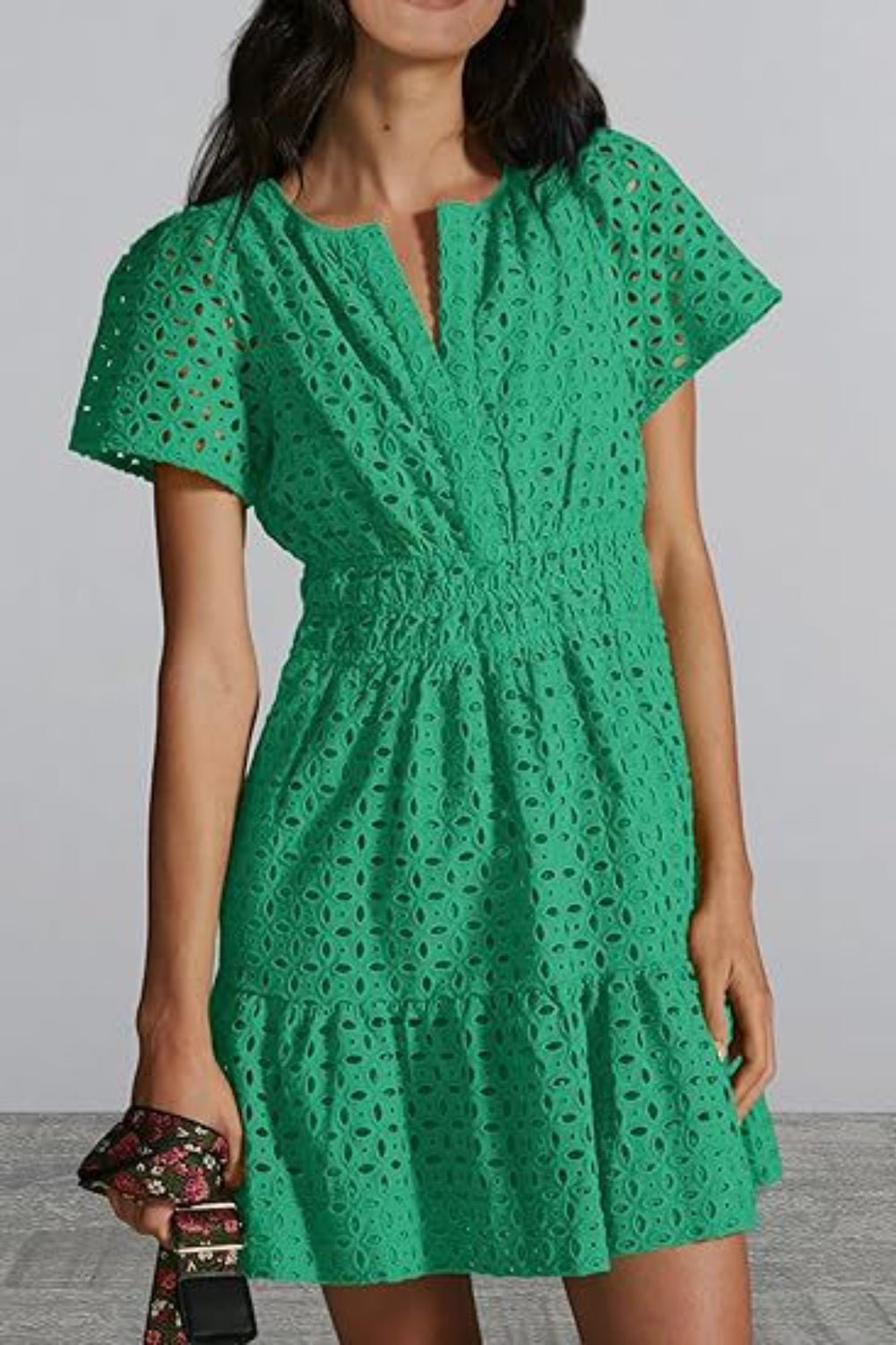 Eyelet Notched Short Sleeve Mini Dress - Loulou Boutique