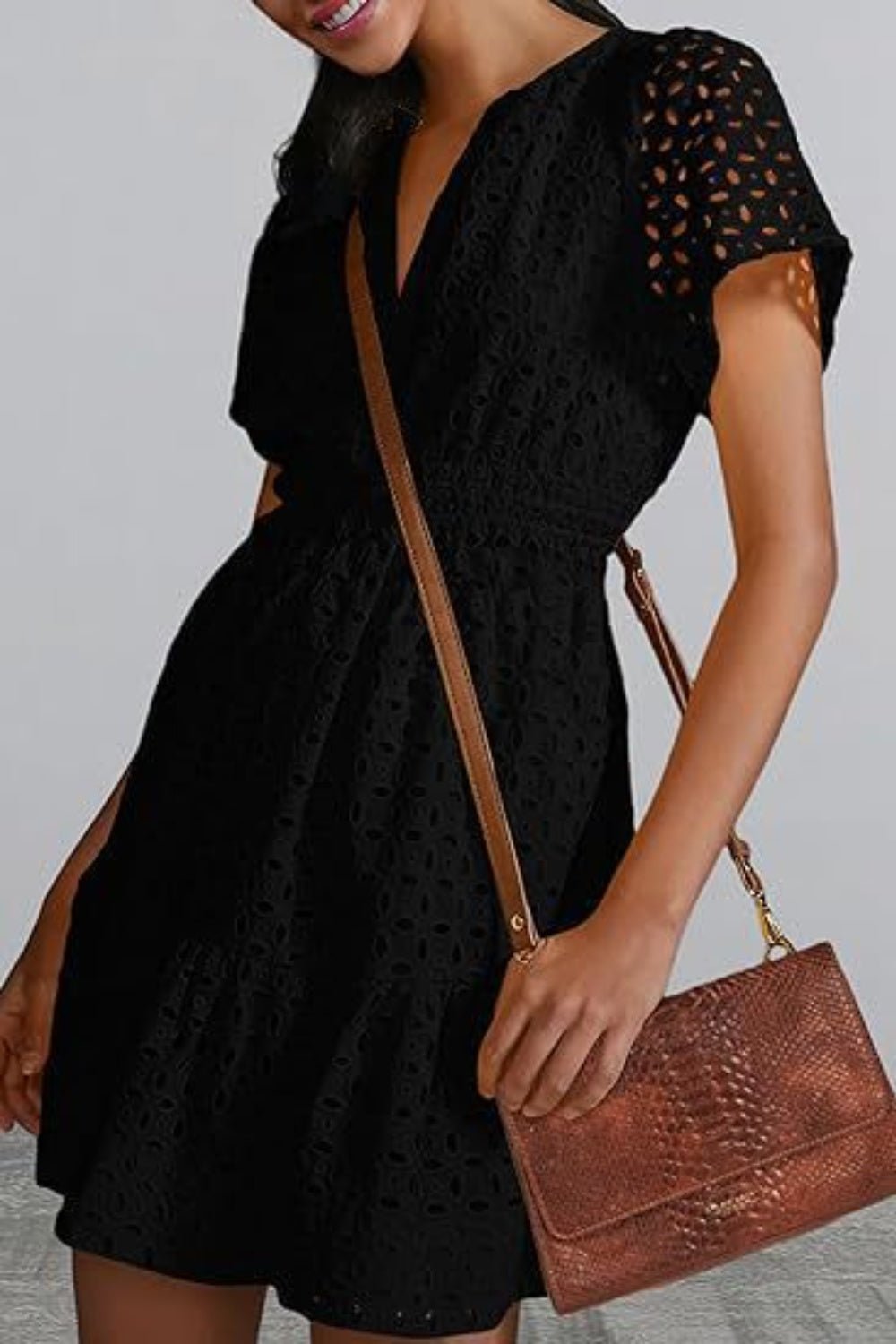Eyelet Notched Short Sleeve Mini Dress - Loulou Boutique