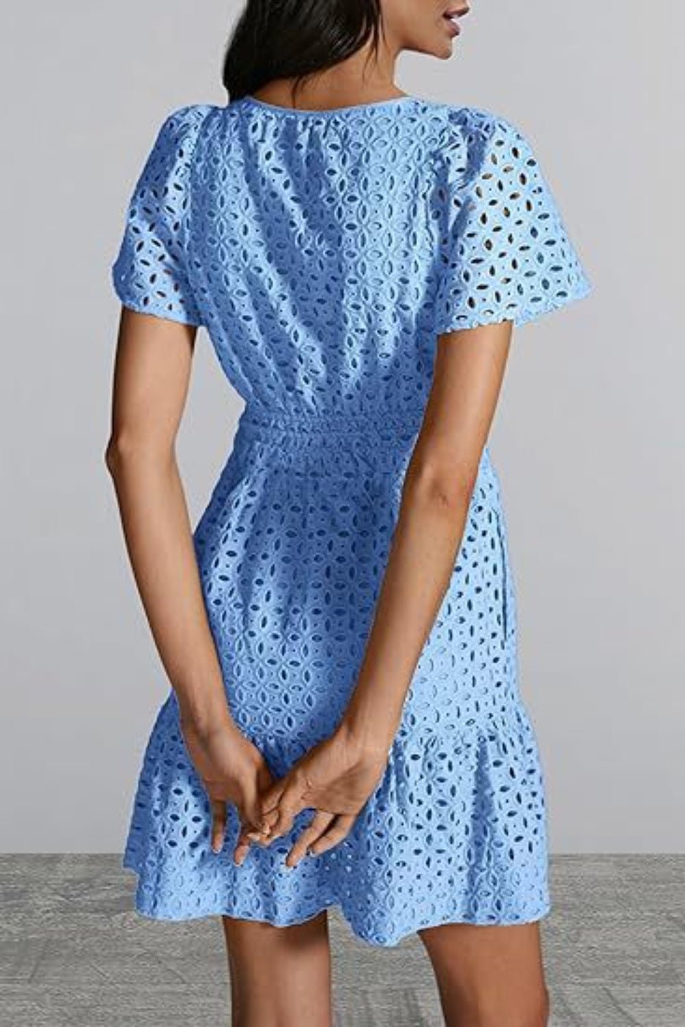 Eyelet Notched Short Sleeve Mini Dress - Loulou Boutique