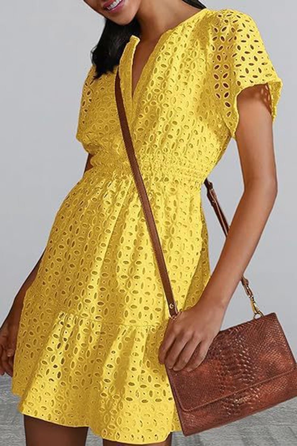 Eyelet Notched Short Sleeve Mini Dress - Loulou Boutique