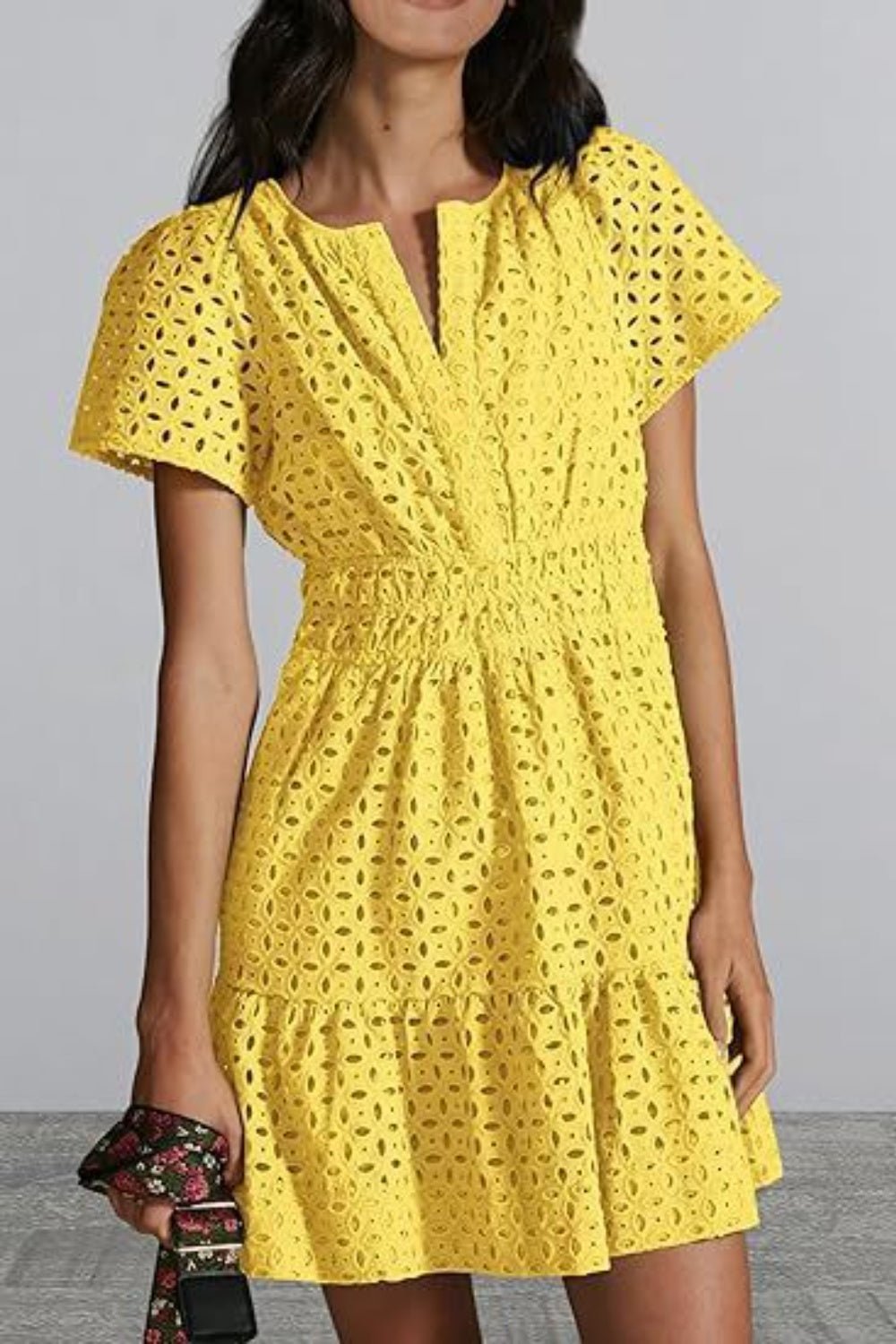 Eyelet Notched Short Sleeve Mini Dress - Loulou Boutique