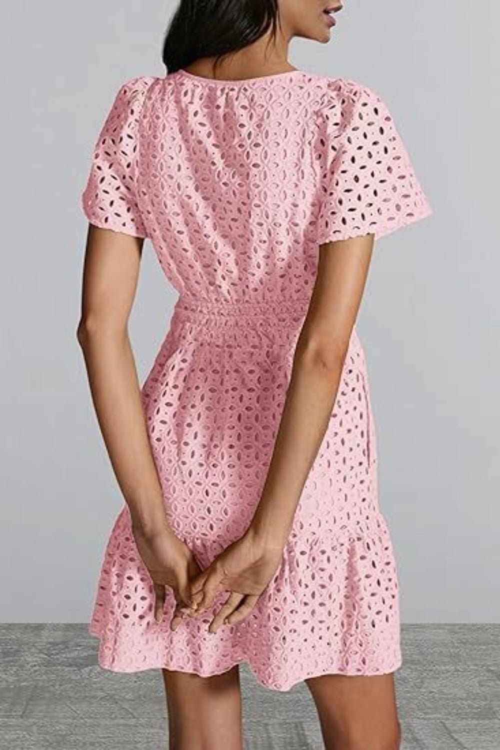 Eyelet Notched Short Sleeve Mini Dress - Loulou Boutique