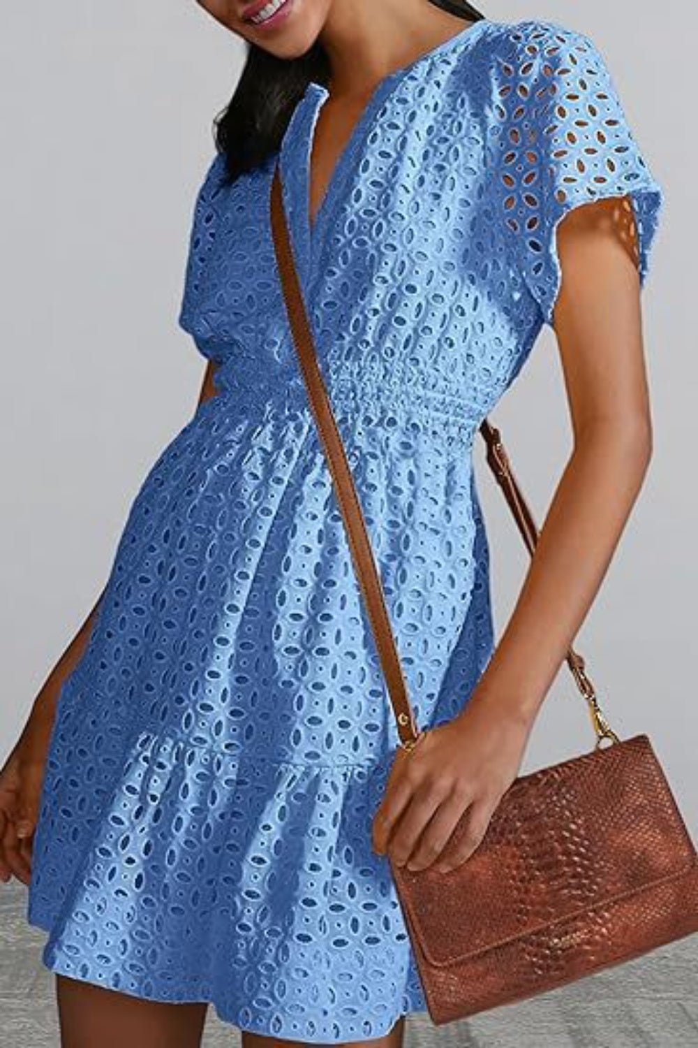 Eyelet Notched Short Sleeve Mini Dress - Loulou Boutique