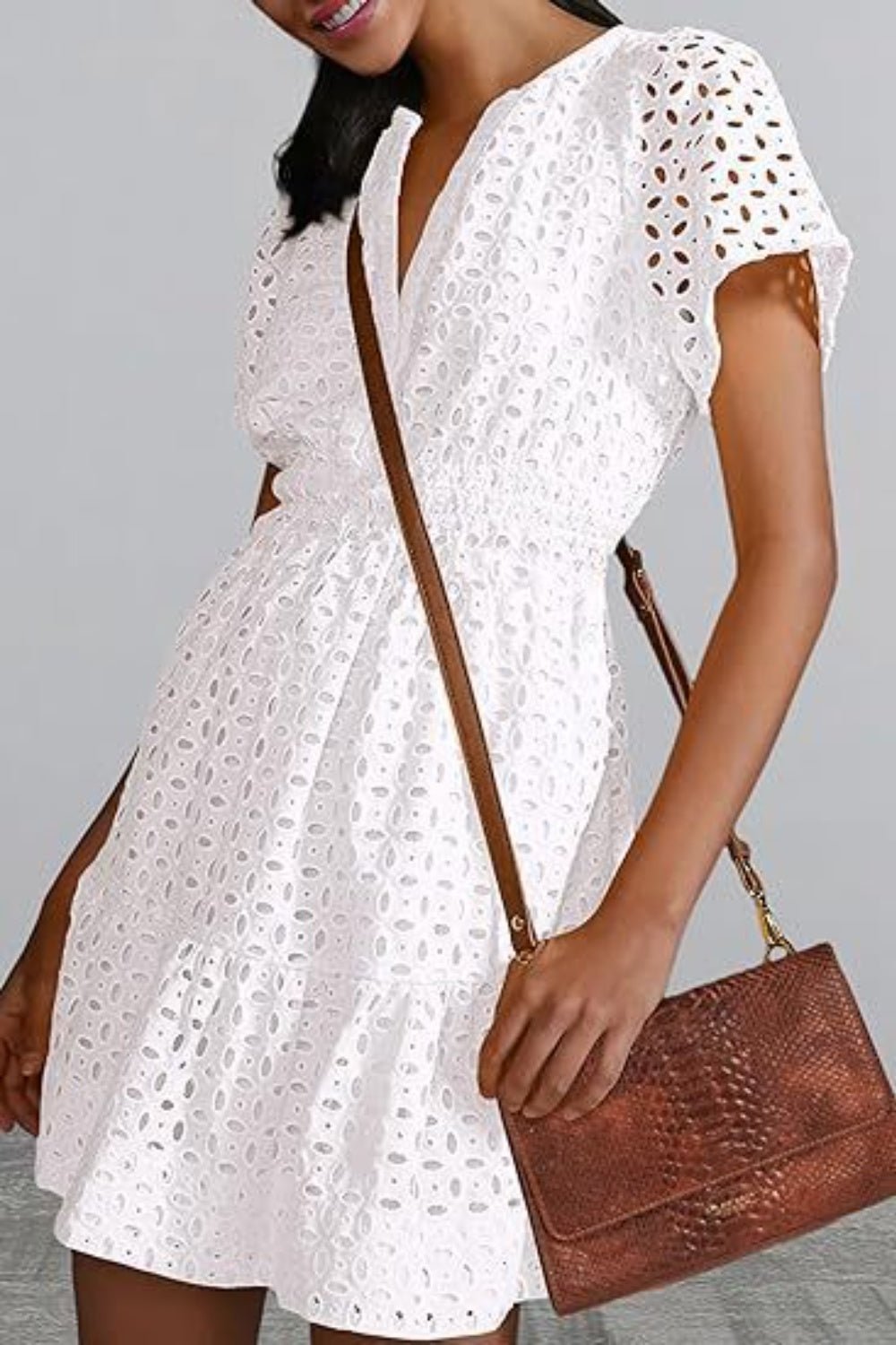 Eyelet Notched Short Sleeve Mini Dress - Loulou Boutique