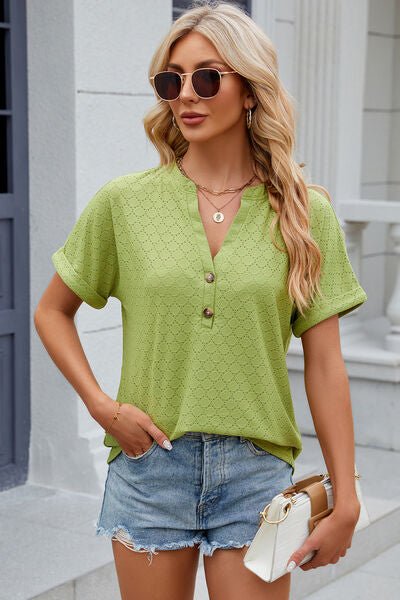Eyelet Notched Short Sleeve T-Shirt - Loulou Boutique