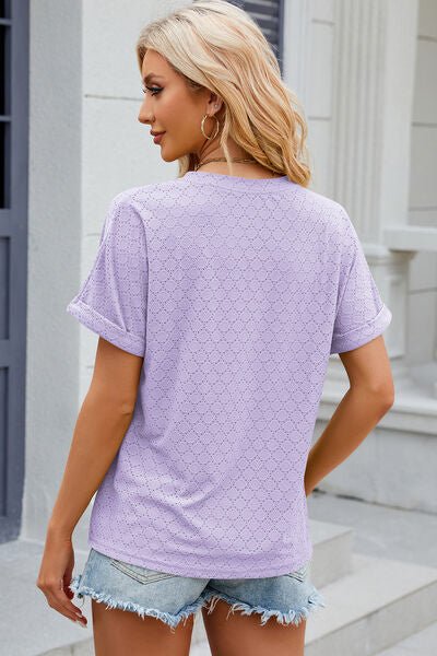 Eyelet Notched Short Sleeve T-Shirt - Loulou Boutique