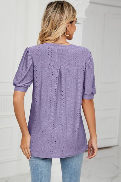Eyelet Notched Short Sleeve T-Shirt - Loulou Boutique