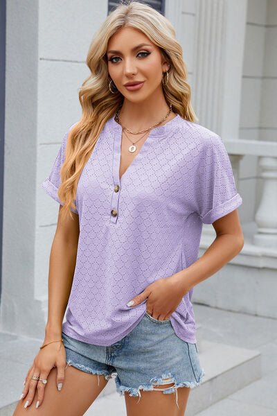 Eyelet Notched Short Sleeve T-Shirt - Loulou Boutique