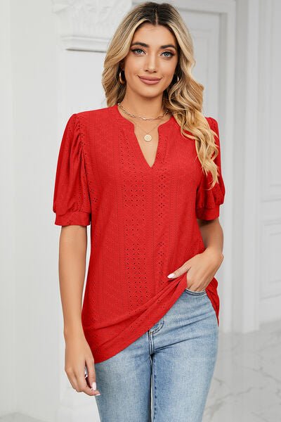 Eyelet Notched Short Sleeve T-Shirt - Loulou Boutique