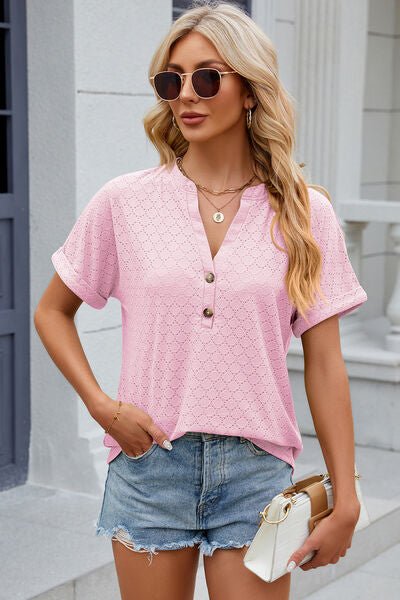 Eyelet Notched Short Sleeve T-Shirt - Loulou Boutique