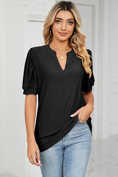 Eyelet Notched Short Sleeve T-Shirt - Loulou Boutique
