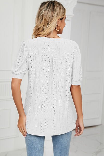 Eyelet Notched Short Sleeve T-Shirt - Loulou Boutique