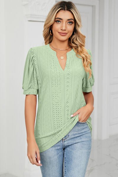 Eyelet Notched Short Sleeve T-Shirt - Loulou Boutique