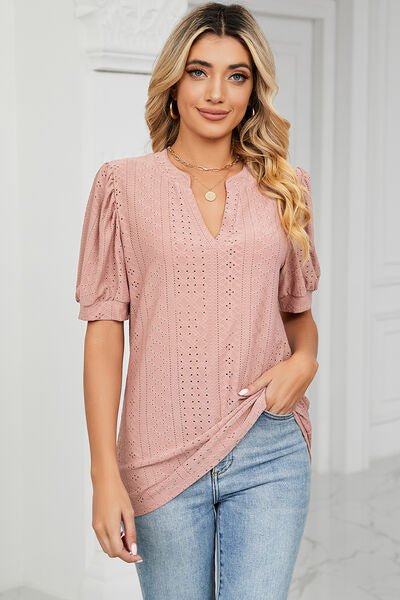 Eyelet Notched Short Sleeve T-Shirt - Loulou Boutique