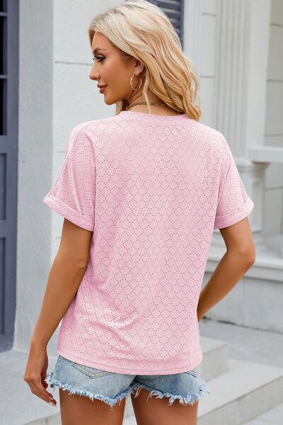 Eyelet Notched Short Sleeve T-Shirt - Loulou Boutique