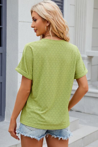 Eyelet Notched Short Sleeve T-Shirt - Loulou Boutique