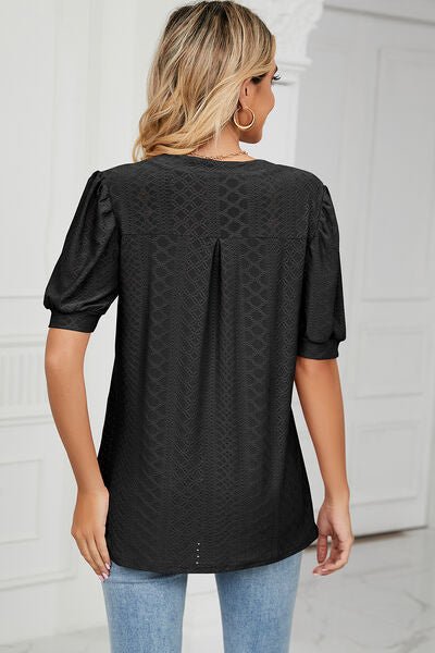 Eyelet Notched Short Sleeve T-Shirt - Loulou Boutique