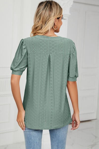 Eyelet Notched Short Sleeve T-Shirt - Loulou Boutique