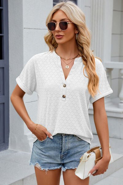 Eyelet Notched Short Sleeve T-Shirt - Loulou Boutique