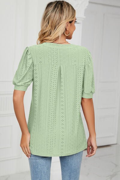 Eyelet Notched Short Sleeve T-Shirt - Loulou Boutique