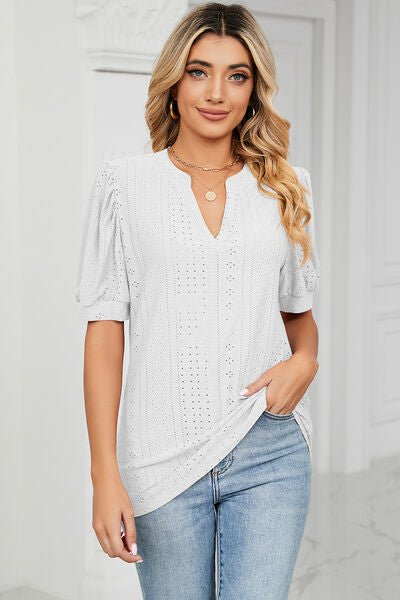 Eyelet Notched Short Sleeve T-Shirt - Loulou Boutique