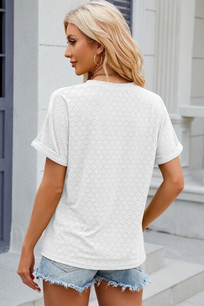 Eyelet Notched Short Sleeve T-Shirt - Loulou Boutique