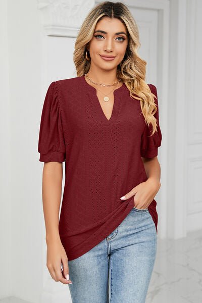 Eyelet Notched Short Sleeve T-Shirt - Loulou Boutique