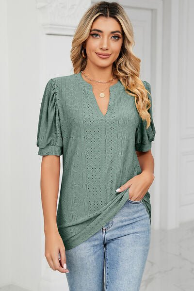 Eyelet Notched Short Sleeve T-Shirt - Loulou Boutique