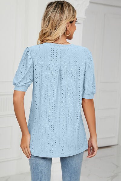 Eyelet Notched Short Sleeve T-Shirt - Loulou Boutique