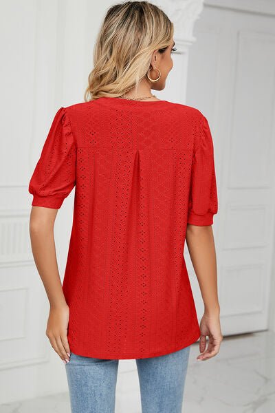 Eyelet Notched Short Sleeve T-Shirt - Loulou Boutique