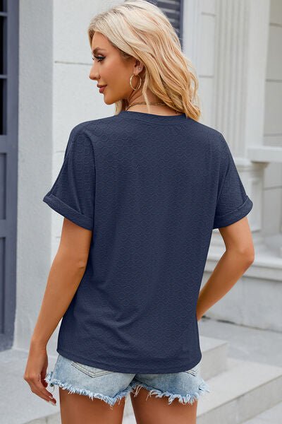 Eyelet Notched Short Sleeve T-Shirt - Loulou Boutique