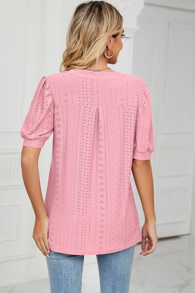 Eyelet Notched Short Sleeve T-Shirt - Loulou Boutique