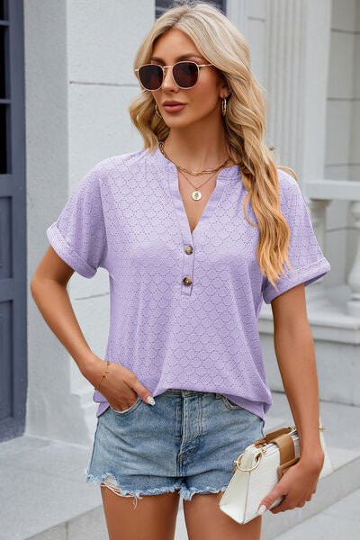 Eyelet Notched Short Sleeve T-Shirt - Loulou Boutique