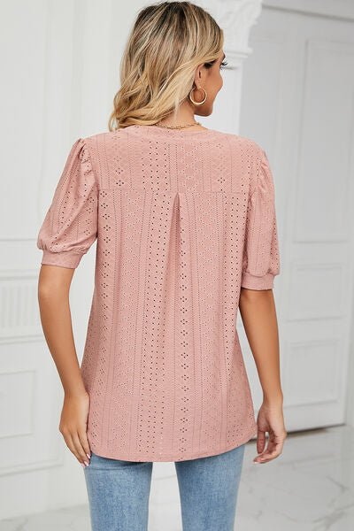 Eyelet Notched Short Sleeve T-Shirt - Loulou Boutique