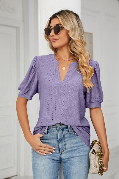 Eyelet Notched Short Sleeve T-Shirt - Loulou Boutique